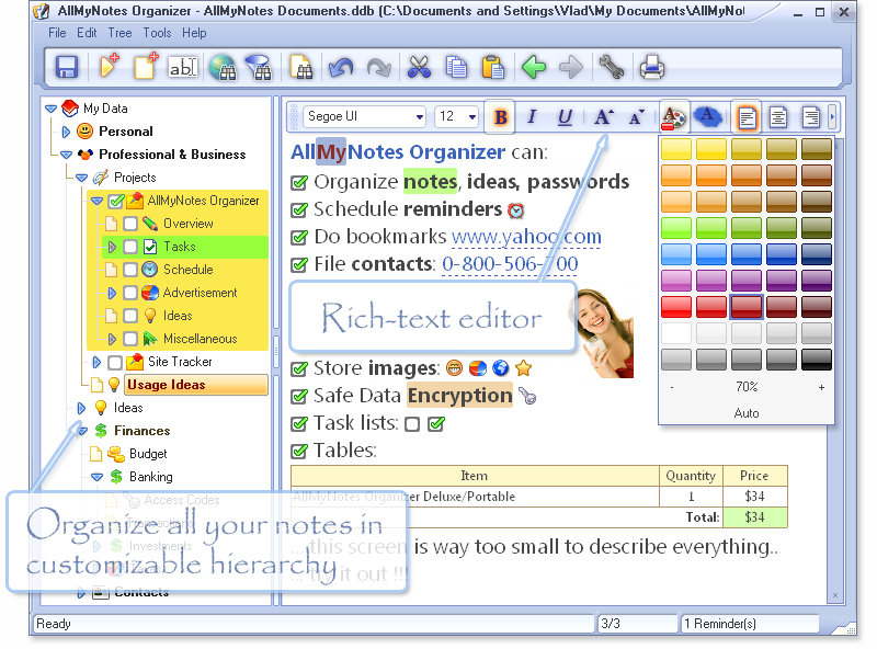 All My Notes Organizer Main Wnd - Arrange your diaries in flexible hierarchical tree structure - (All My Notes Organizer Screenshot) All My Notes Organizer Main Wnd - Arrange your diaries in flexible hierarchical tree structure - (All My Notes Organizer Screenshot)