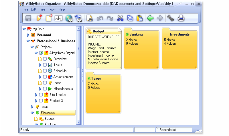 Folder Screen - See preview of all your documents with single look - to start editing the text just double-click on it - (All My Notes Organizer Screenshot)