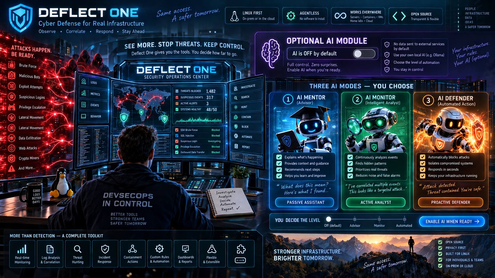 Deflect One security operations center and optional AI modes overview