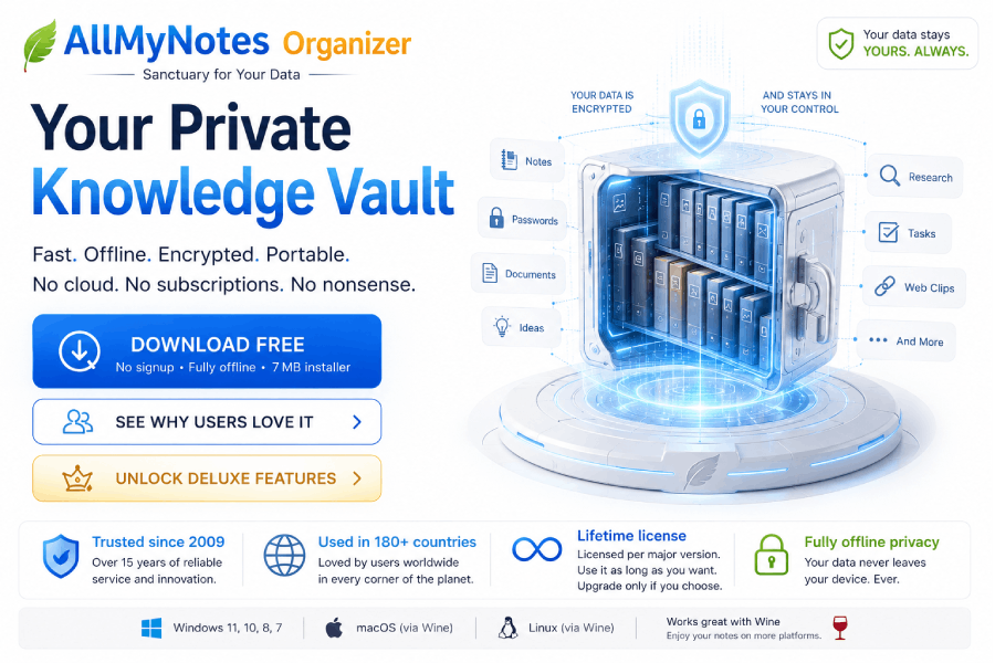 AllMyNotes Organizer - portable Document Management Software for Windows. Available in Deluxe and Lite editions :)
