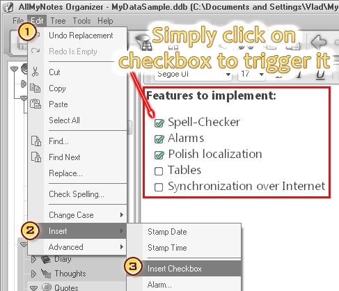 Checkboxes can be inserted anywhere in to the Text and triggered by mouse clickInsert checkboxes directly in to the text, wherever you want!