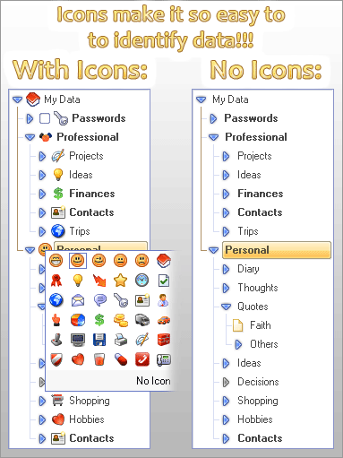 Icons can be assigned to Notes and FoldersIcon Gr. eikon =image, single image created as a focal point of religious veneration, especially a painted or carved portable object of the Orthodox Eastern faith... Oh... Hold on... We are talking about computer icons here! Try not to worship them! Though they are so cute :)