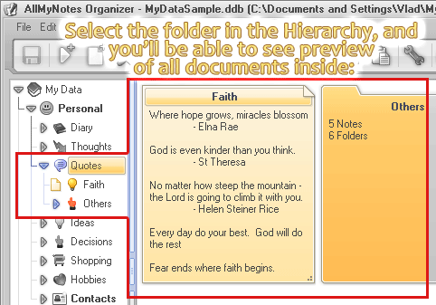 Folder view with Thumbnail pictures of sub-Folder and sub-Notes contentSelect the folder in the Tree, and you'll be able to see a preview of all documents inside!