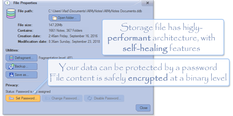 Keep your records in well encrypted and blazing fast database - (AllMyNotes Organizer app Screenshot)