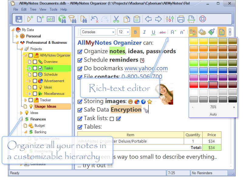 All My Notes Organizer Main Screen - Outline your thoughts in flexible hierarchical tree structure - (AllMyNotes Organizer app Screenshot)