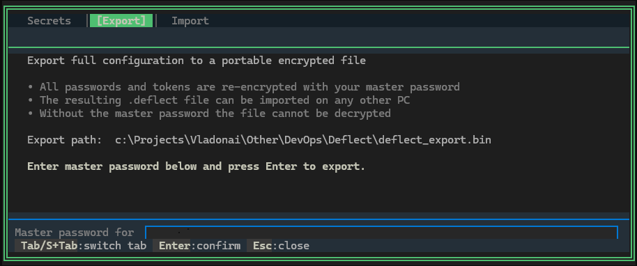 Configuration Export - Export your Deflect One settings safely, re-encrypted under a master password - (Deflect One Screenshot)