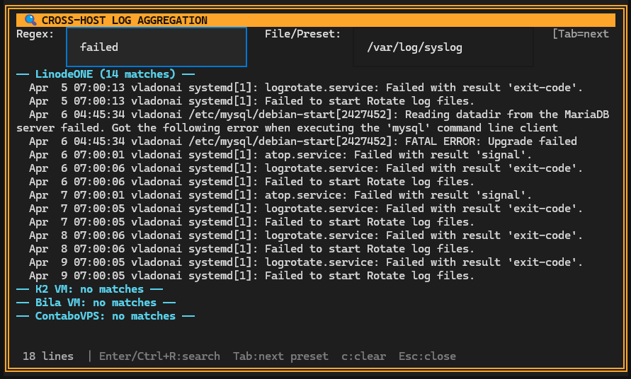 Cross-Host Logs Filtering - Search logs across servers with regular expressions in real-time - (Deflect One Screenshot)
