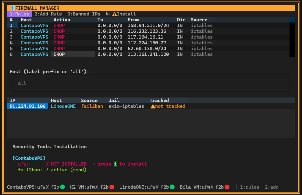 Host Firewall Manager - View UFW/iptables firewall rules, block IPs, protect your server - (Deflect One Screenshot)