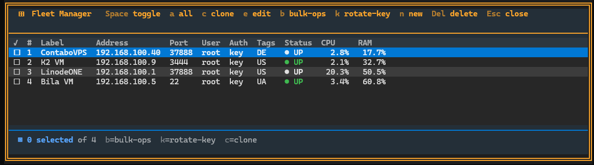 Host Fleet Manager - Administrate your entire fleet: mass DevOps commands, SSH key rotation, host management - (Deflect One Screenshot)