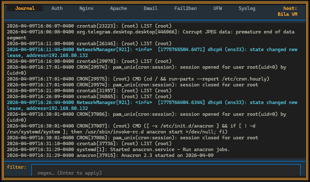 Host Journal Viewer - Real-time system journal tailing with 8 tabs: journal, auth, nginx, email, fail2ban, ufw, syslog - (Deflect One Screenshot)