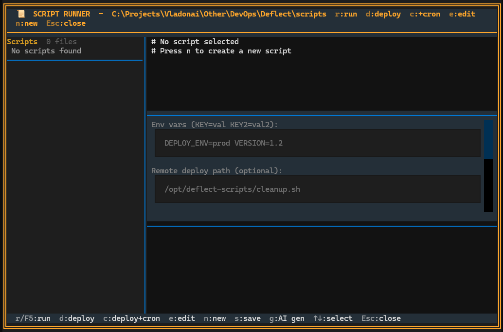 Script Runner - Write and deploy scripts directly and deploy them via SSH across your servers - (Deflect One Screenshot)