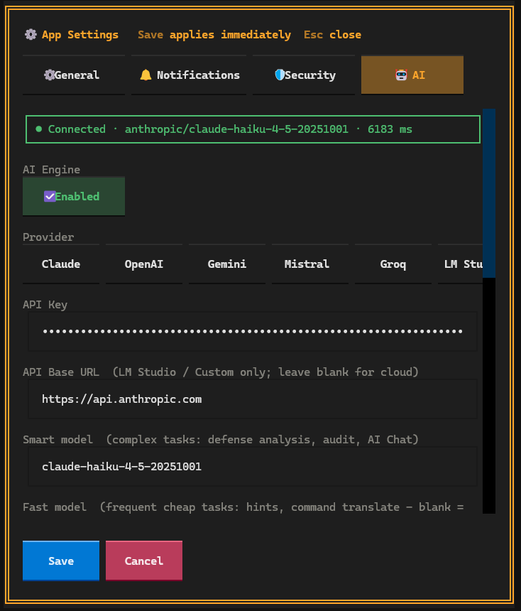 AI Settings - Choose your preferred AI engine: Claude, GPT-4, Gemini, Mistral, Groq, LM Studio, and more - (Deflect One Screenshot)