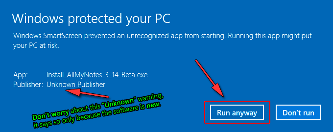 SmartScreen: Press 'Run Anyway' button.