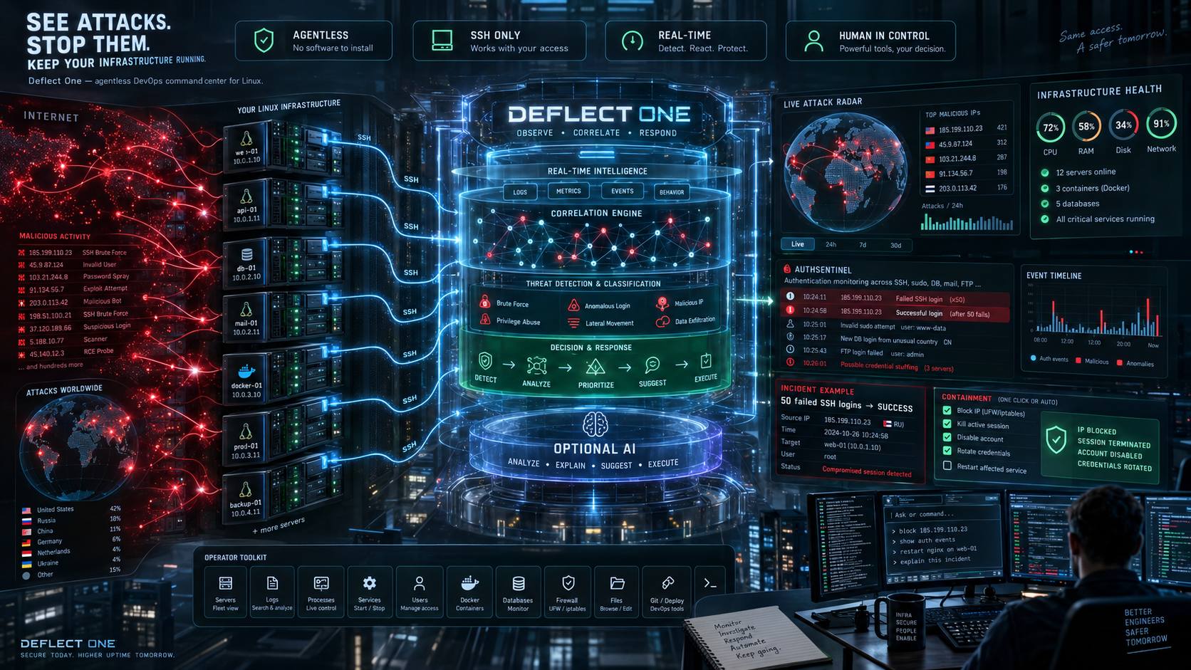 Deflect One infrastructure monitoring and cyber defense overview